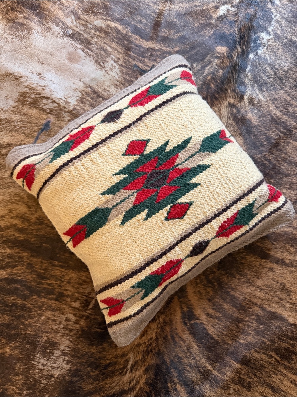 Handwoven Southwestern Decorative Pillow - Cream, Red & Green